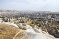 Fancy geological mountain formations with dovecotes of the Pigeon valley in Goreme, Cappadocia, Turkey