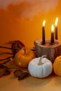 Fancy halloween pumpkins set design with black candles on orange