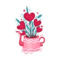 Fancy Heart Shaped Flowers in Flowerpot as Saint Valentine Day Symbol Vector Illustration