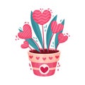 Fancy Heart Shaped Flowers in Flowerpot as Saint Valentine Day Symbol Vector Illustration