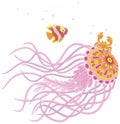 Jellyfish, a small crab and a striped fish