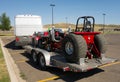 A fancy motor home towing a dragster from a race in north dakota Royalty Free Stock Photo