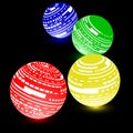 Fancy neon ball, digital shining planet on dark background. Red Yellow Green Blue striped glowing geometric shapes. Royalty Free Stock Photo