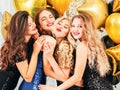 Fancy party college reunion happy hugging girls Royalty Free Stock Photo