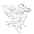 Fancy pegasus on white background. Contour illustration for coloring book with fantasy horse. Anti stress picture. Line art design