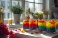 Fancy rainbow layered jelly dessert decorated with tasty fresh fruits. Generative AI Royalty Free Stock Photo