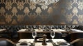 A fancy restaurant with a chandelier and black table cloths, AI