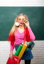 Fancy schoolgirl. School fashion. Creative teen. Fashionable girl creative student chalkboard background. Stylish Royalty Free Stock Photo