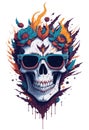 Fancy smiling skull in sunglasses with fantasy fire flames around isolated, vintage style flat sticker illustration