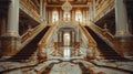 A fancy staircase with gold and marble floors in a building, AI Royalty Free Stock Photo