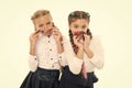 Fancy style. Little girls with braids ready for school. School fashion concept. School friendship. On same wave