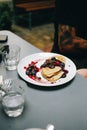 Fancy trendy brunch or breakfast table in cafe