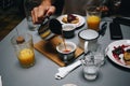 Fancy trendy brunch or breakfast table in cafe