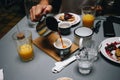 Fancy trendy brunch or breakfast table in cafe