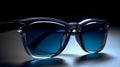 Fancy trendy modest blue color dark lens man or woman fashionable attractive sun glasses at the studio shot dark background