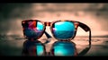 Fancy trendy modest fire color blue reflective lens man or woman fashionable attractive sun glasses at the beach, lost and found