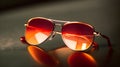 Fancy trendy modest red color dark lens man or woman fashionable attractive aviator sun glasses at the studio shot