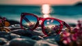 Fancy trendy modest red color reflective lens man or woman fashionable attractive sun glasses at the beach, lost and found concept