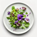 Fancy vegetarian salad with mesclun mix greens and herbs, decorated with purple flowers, on a round ceramic plate. Generative AI