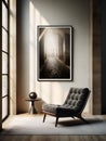 Fancy velvet armchair in a modern living room with daylight coming from a big window. Large dark artwork. Generative AI Royalty Free Stock Photo