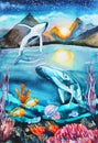 Fancy watercolor illustration. Underwater world with whales, fish and corals. Whales jump over the water