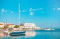 Fancy yacht in the harbor of a small town Postira - Croatia, island Brac