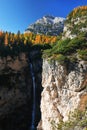 Fanes Waterfall in the Dolomites, in a sunny autumn day.