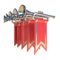 Fanfare five silver trumpets and red flags 3D Royalty Free Stock Photo