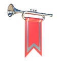 Fanfare silver trumpet and red flag 3D Royalty Free Stock Photo