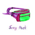 Fanny Belt Pack type of bag in green, purple, red colors palette, isolated on white background Royalty Free Stock Photo