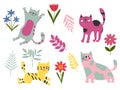 Fanny cartoon cats in different poses. Domestic cute cats sleeping and walking, sitting and playing. Flowers Set of flat