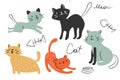 Fanny cartoon cats in different poses. Domestic cute cats walking, sitting and playing. Set of flat cartoon vector