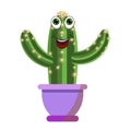 Fanny cartoon green cactus plant vector illustration with eyes and smily cartoon mouth in violet flower pot isolated on white