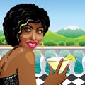 Fanny mulatto girl with cocktail in nature. Illustration