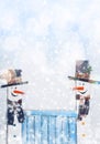 Fanny snowmans. Vertical. Greeting card with copy space