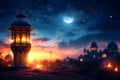 fanous Ramadan lanterns at night with moon and mosque in the background