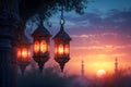 fanous Ramadan lanterns at night with mosque in the background