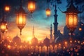 fanous Ramadan lanterns at night with mosque in the background