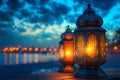 fanous Ramadan lanterns on a table at night with mosque in the background