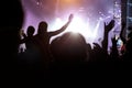 Fans with hands up against a music festival scene