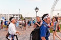 Fans of Japan national team in branded t-shirts and national f