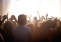 Fans, people dancing at music festival from back, stage light and energy at live concert event. Dance, fun and excited Royalty Free Stock Photo