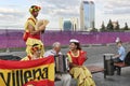 Fans of the Spanish national team sing along with the accordionist from Ukraine before the semifinal match of EURO 2012 in Donetsk