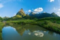 Fansipan mountain hills valley on summer with lake at sunset in travel trip and holidays vacation concept, Sapa, Vietnam. Nature