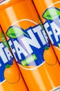 Fanta orange lemonade soft drink in can background portrait format Royalty Free Stock Photo