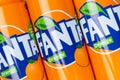 Fanta orange lemonade soft drink in can background Royalty Free Stock Photo