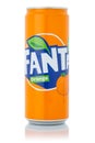 Fanta orange lemonade soft drink in can isolated on a white background Royalty Free Stock Photo