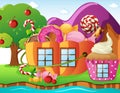 Fantacy world with candy house and river