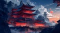 Fantaisy Chinese Temple In Sacred Mountains Wallpaper. Asian Splendor in Dark Azure and Crimson. Generative AI