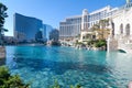 Fantan pond near the Belagio Hotel in Las Vegas. Promenade with restaurants and boutiques near the blue water on a sunny day